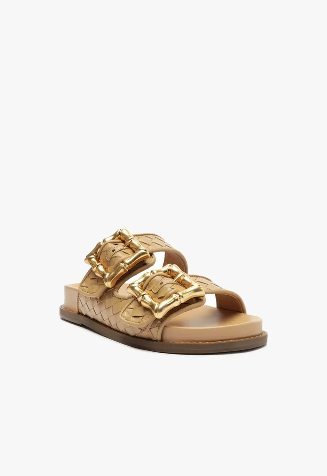Schutz Shoes Flats Women Enola Sporty Woven Leather Sandal Light Beige