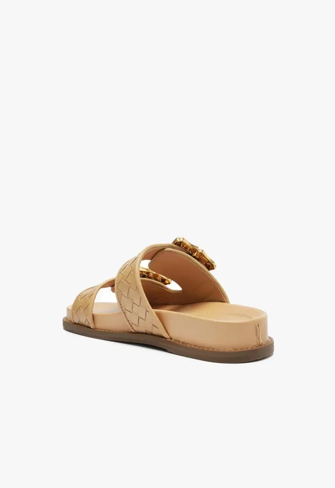 Schutz Shoes Flats Women Enola Sporty Woven Leather Sandal Light Beige