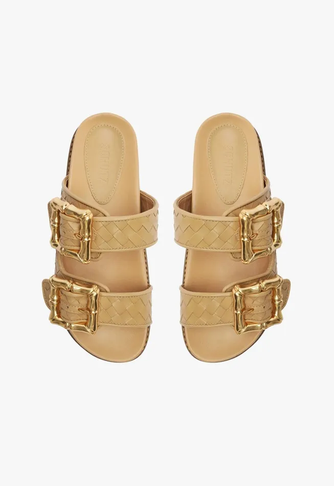 Schutz Shoes Flats Women Enola Sporty Woven Leather Sandal Light Beige