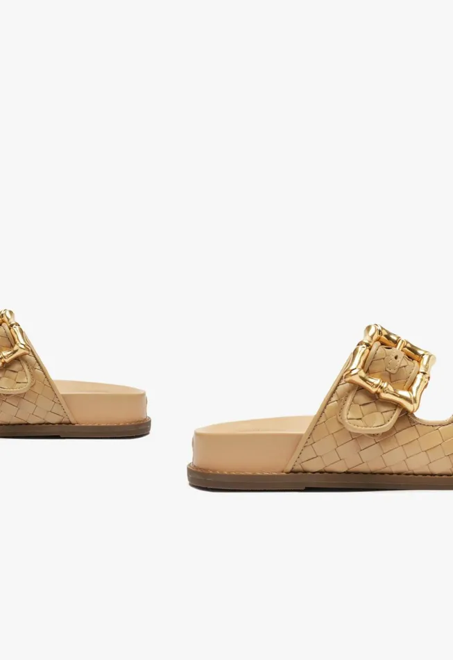 Schutz Shoes Flats Women Enola Sporty Woven Leather Sandal Light Beige