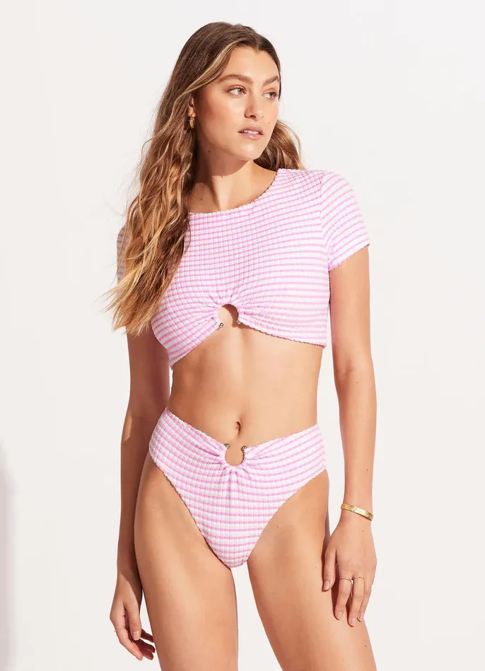 Seafolly Sorrento Stripe High Waisted Bikini Bottom 8211 Parfait Pink Women High Waisted