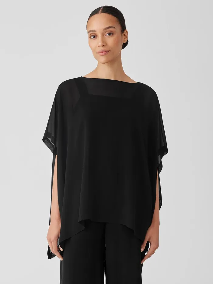 Sheer Silk Georgette Long Poncho Black Women Eileen Fisher Tops and Tees
