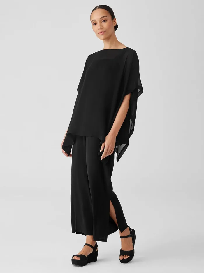Sheer Silk Georgette Long Poncho Black Women Eileen Fisher Tops and Tees