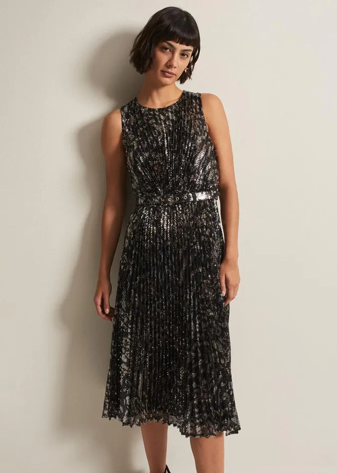Simara Leopard Sequin Pleated Midi Dress Multicoloured Women Phase Eight Dresses