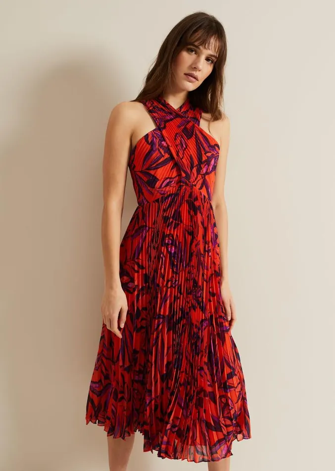 Sorella Pleated Midi Dress Vermillionmulti Women Phase Eight Dresses
