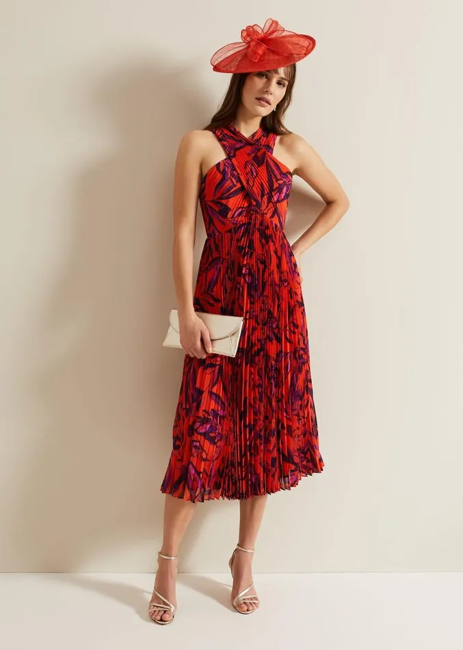 Sorella Pleated Midi Dress Vermillionmulti Women Phase Eight Dresses