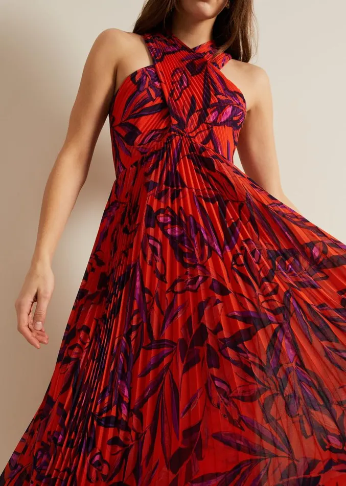 Sorella Pleated Midi Dress Vermillionmulti Women Phase Eight Dresses