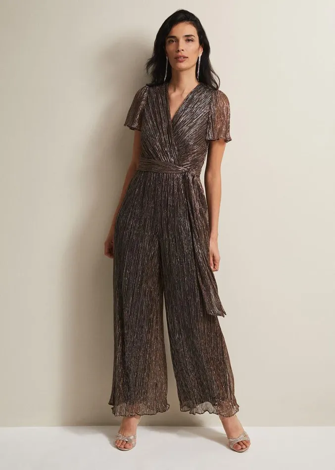 Stella Bronze Plisse Wide Leg Jumpsuit Metallic Women Phase Eight Dresses