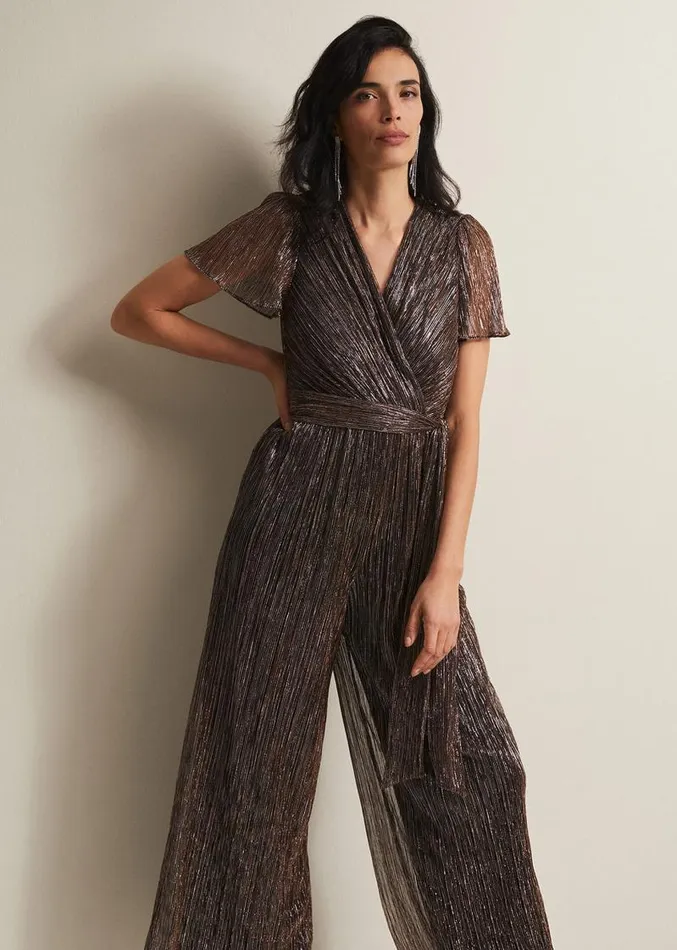 Stella Bronze Plisse Wide Leg Jumpsuit Metallic Women Phase Eight Dresses