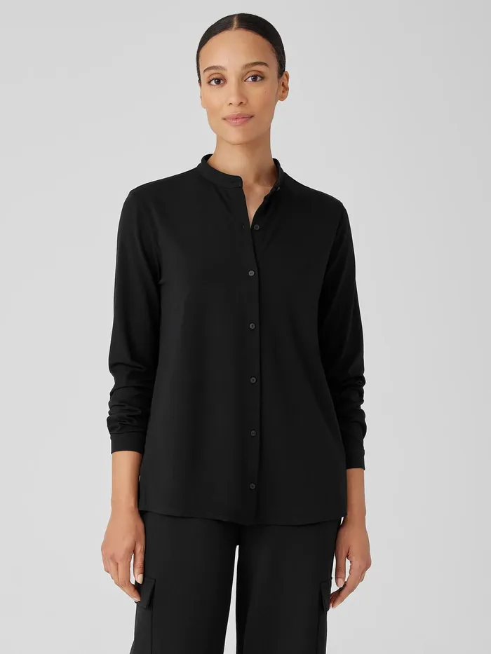 Stretch Jersey Knit Band Collar Shirt Black Women Eileen Fisher Tops and Tees