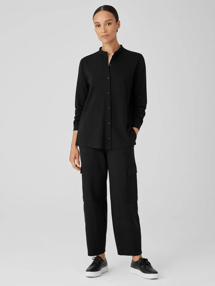 Stretch Jersey Knit Band Collar Shirt Black Women Eileen Fisher Tops and Tees