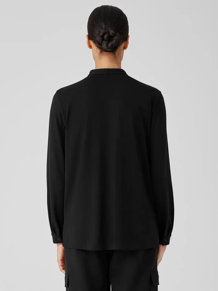 Stretch Jersey Knit Band Collar Shirt Black Women Eileen Fisher Tops and Tees