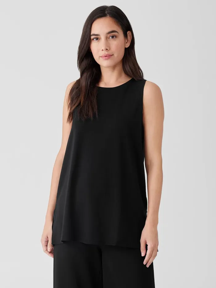 Stretch Jersey Knit Crew Neck Long Tank Black Women Eileen Fisher Tanks and Camis