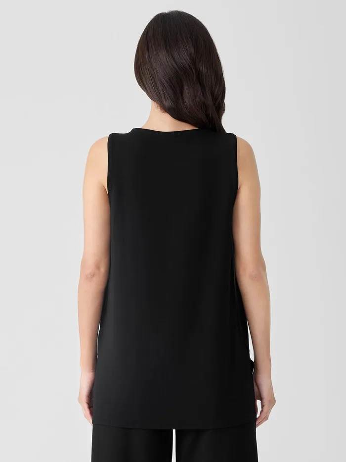 Stretch Jersey Knit Crew Neck Long Tank Black Women Eileen Fisher Tanks and Camis