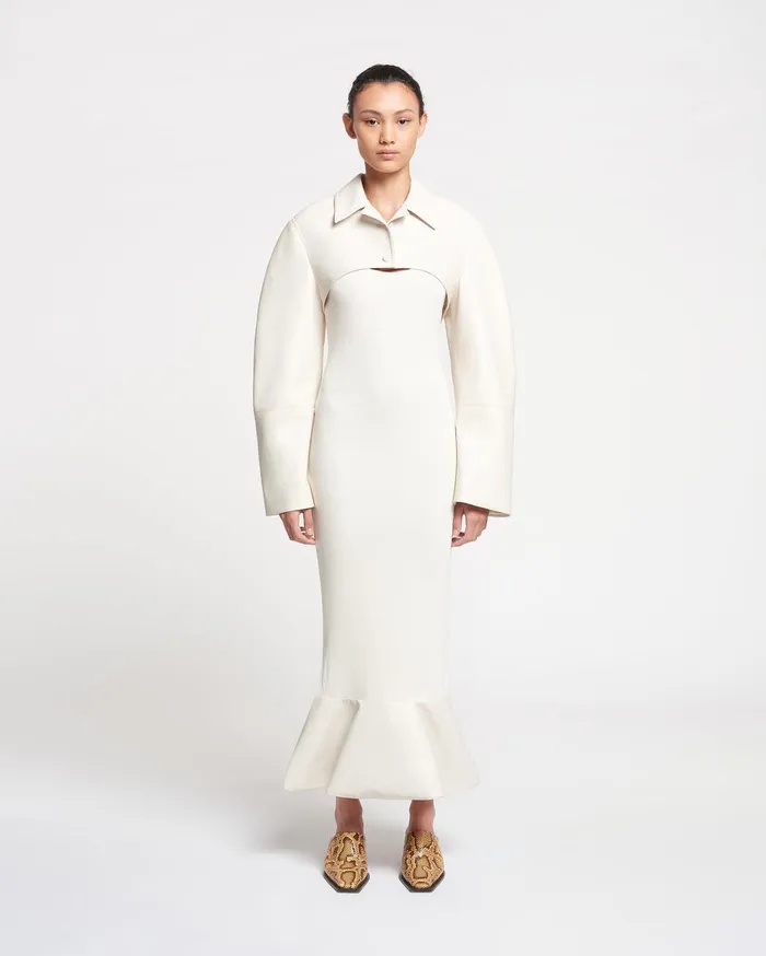 Talulla LeatherTrimmed RibbedJersey Midi Dress Creme Women Nanushka Dresses
