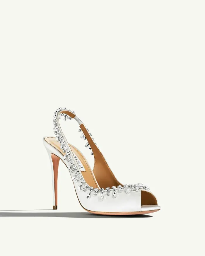 Temptation Crystal Satin Sandal 105 White Women Aquazzura Sandals