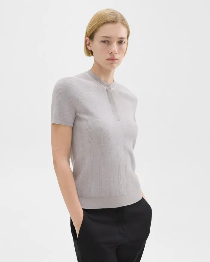 Theory Sweaters Cardigans Rib Knit ShortSleeve Henley Warm Silver 8211 Women