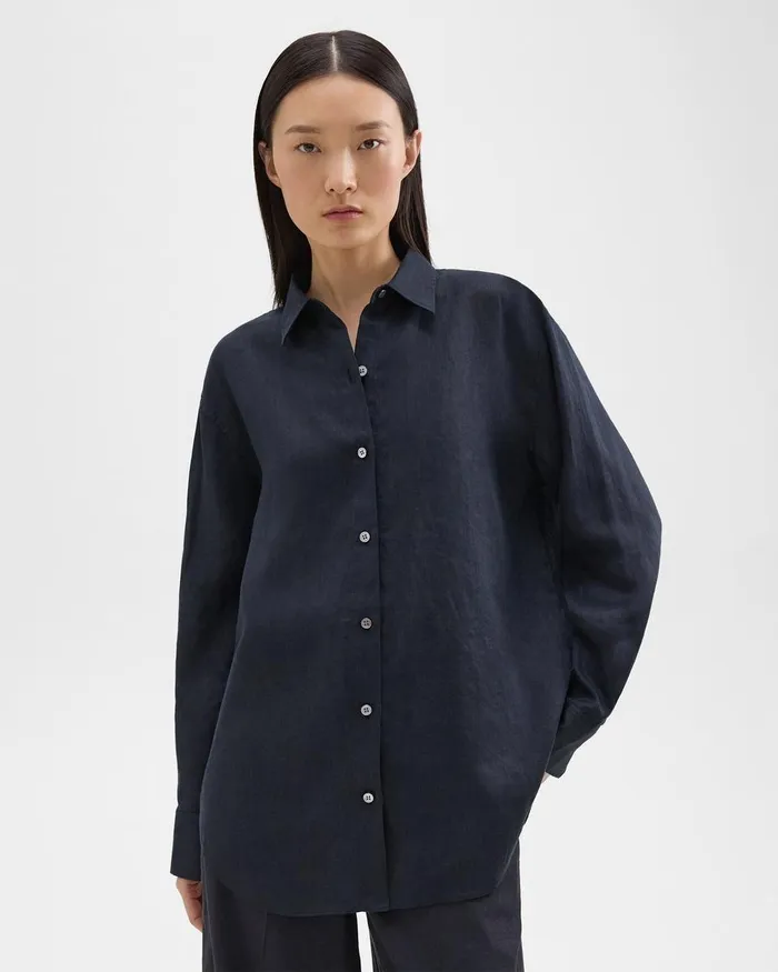 Theory Tops Boyfriend Shirt In Relaxed Linen Concord 8211 Women