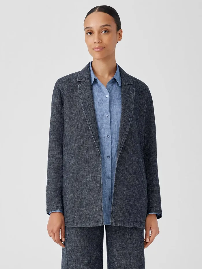 Tweedy Hemp Cotton Long Blazer Denim Women Eileen Fisher Jackets Coats and Vests