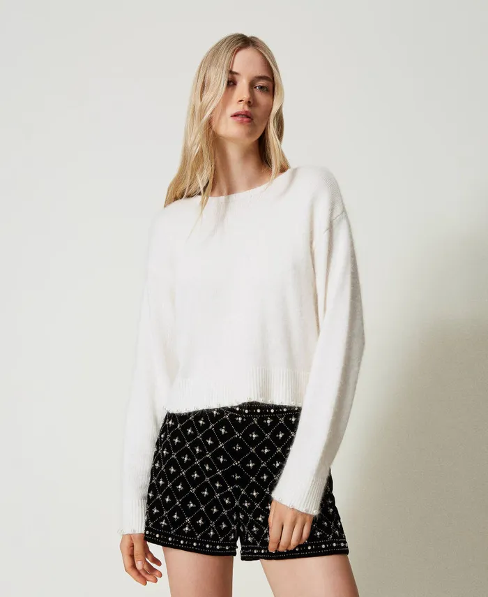 Twinset Angora Blend Cropped Jumper With Pearls White Snow Women Jumpers And Cardigans