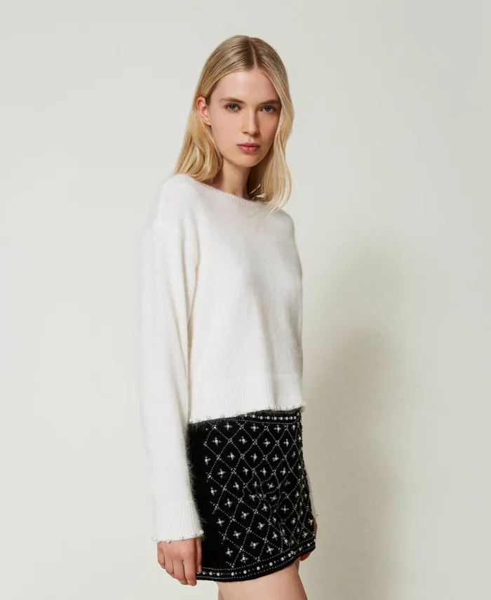 Twinset Angora Blend Cropped Jumper With Pearls White Snow Women Jumpers And Cardigans Twinset Angora Blend Cropped Jumper With Pearls White Snow Women Jumpers And Cardigans