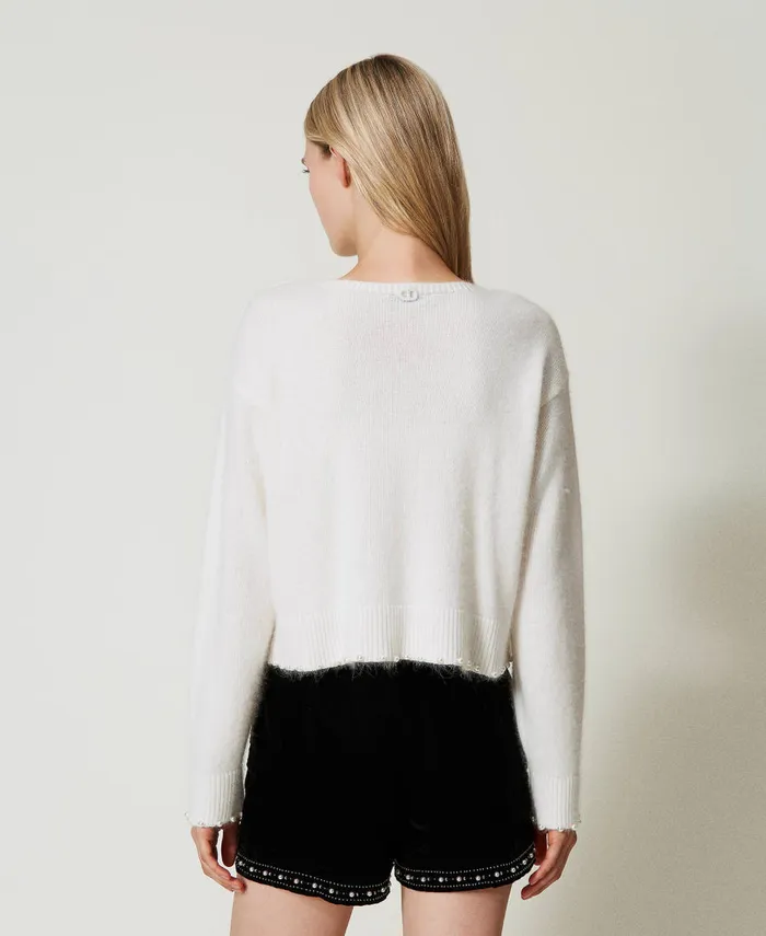Twinset Angora Blend Cropped Jumper With Pearls White Snow Women Jumpers And Cardigans Twinset Angora Blend Cropped Jumper With Pearls White Snow Women Jumpers And Cardigans