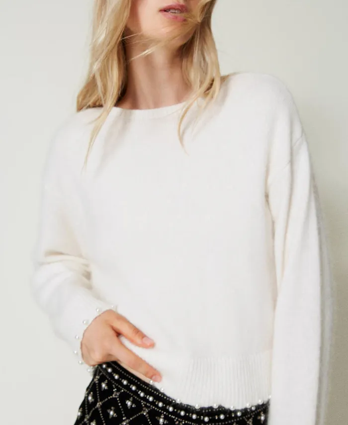 Twinset Angora Blend Cropped Jumper With Pearls White Snow Women Jumpers And Cardigans Twinset Angora Blend Cropped Jumper With Pearls White Snow Women Jumpers And Cardigans