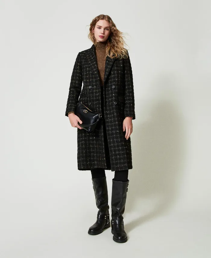 Twinset Boucl Coat With Check Pattern Black Gold Boucl Women Jackets And Outerwear