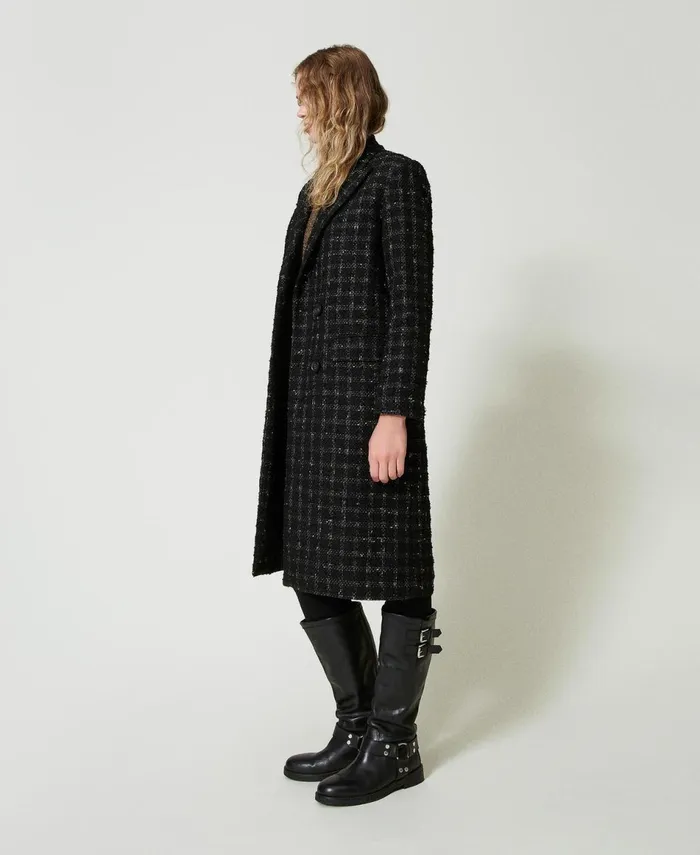 Twinset Boucl Coat With Check Pattern Black Gold Boucl Women Jackets And Outerwear Twinset Boucl Coat With Check Pattern Black Gold Boucl Women Jackets And Outerwear