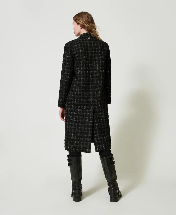 Twinset Boucl Coat With Check Pattern Black Gold Boucl Women Jackets And Outerwear Twinset Boucl Coat With Check Pattern Black Gold Boucl Women Jackets And Outerwear