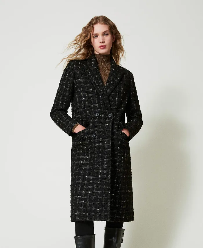 Twinset Boucl Coat With Check Pattern Black Gold Boucl Women Jackets And Outerwear Twinset Boucl Coat With Check Pattern Black Gold Boucl Women Jackets And Outerwear