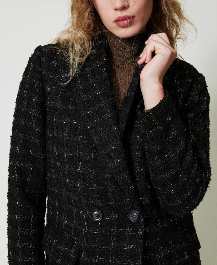 Twinset Boucl Coat With Check Pattern Black Gold Boucl Women Jackets And Outerwear Twinset Boucl Coat With Check Pattern Black Gold Boucl Women Jackets And Outerwear