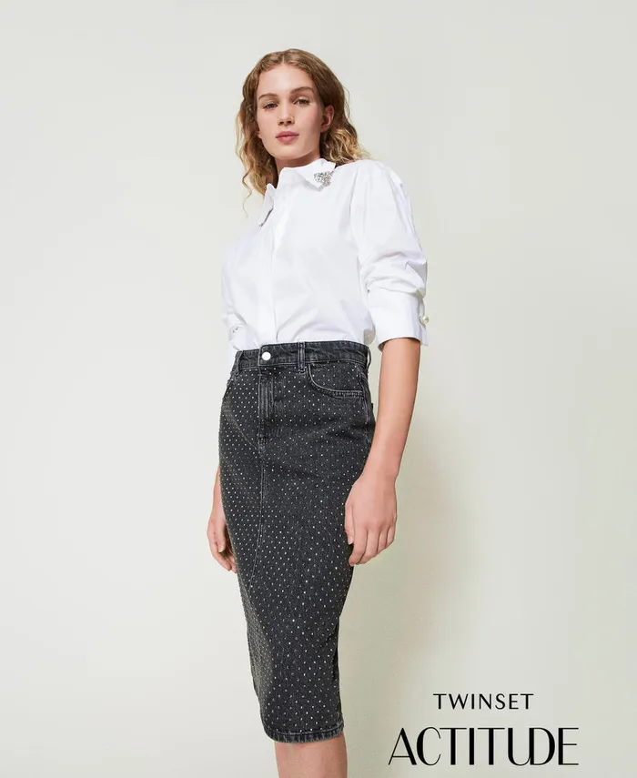 Twinset Denim Midi Skirt With Rhinestones Black Denim Women Skirts