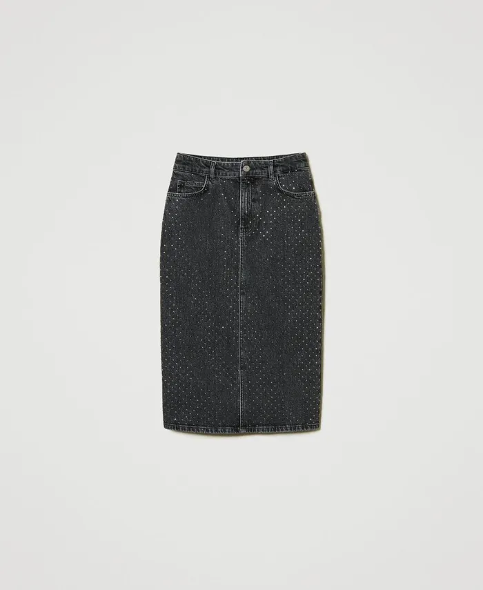Twinset Denim Midi Skirt With Rhinestones Black Denim Women Skirts Twinset Denim Midi Skirt With Rhinestones Black Denim Women Skirts