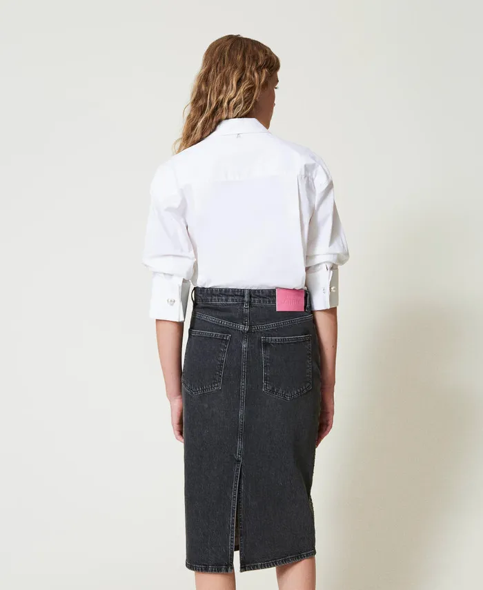 Twinset Denim Midi Skirt With Rhinestones Black Denim Women Skirts Twinset Denim Midi Skirt With Rhinestones Black Denim Women Skirts