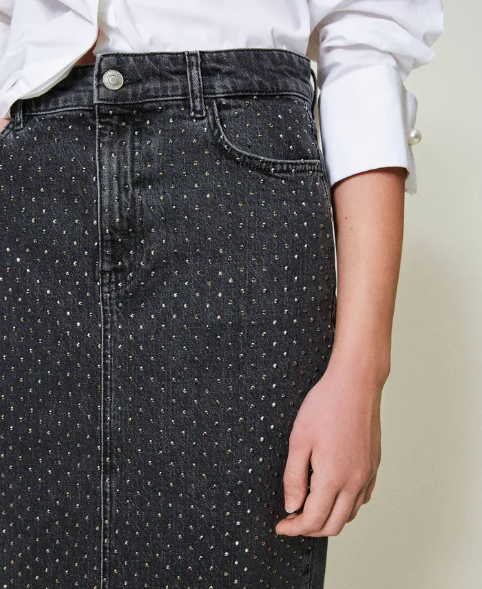 Twinset Denim Midi Skirt With Rhinestones Black Denim Women Skirts Twinset Denim Midi Skirt With Rhinestones Black Denim Women Skirts