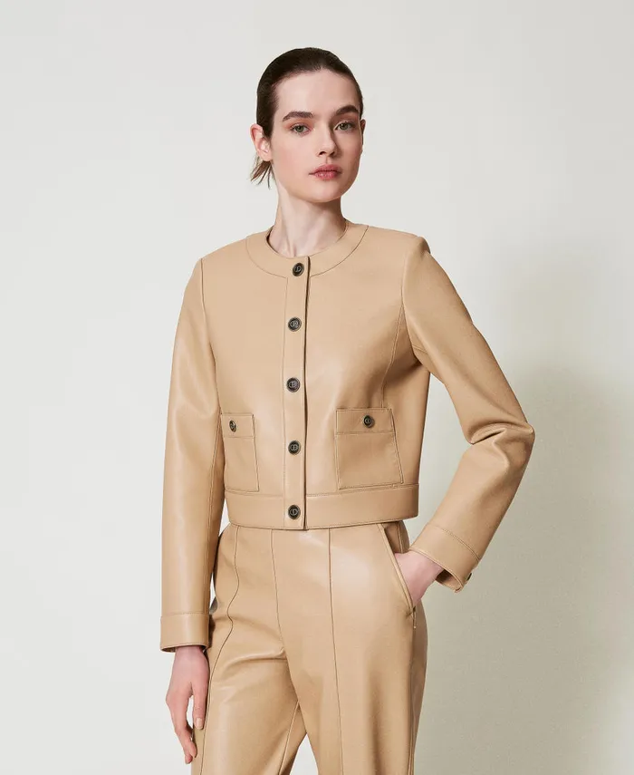 Twinset Faux Nappa Leather Jacket With Logo Buttons Light Wood Beige Women Jackets And Outerwear