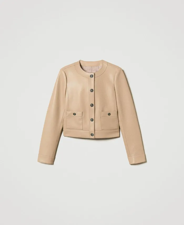 Twinset Faux Nappa Leather Jacket With Logo Buttons Light Wood Beige Women Jackets And Outerwear Twinset Faux Nappa Leather Jacket With Logo Buttons Light Wood Beige Women Jackets And Outerwear