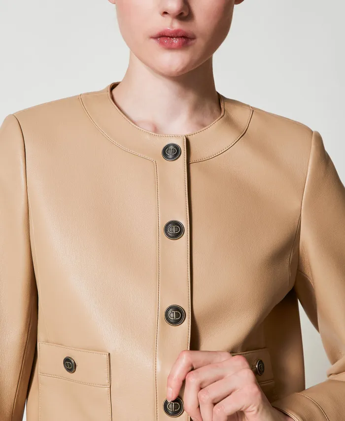 Twinset Faux Nappa Leather Jacket With Logo Buttons Light Wood Beige Women Jackets And Outerwear Twinset Faux Nappa Leather Jacket With Logo Buttons Light Wood Beige Women Jackets And Outerwear