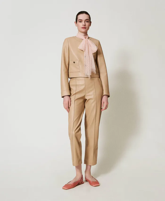 Twinset Faux Nappa Leather Jacket With Logo Buttons Light Wood Beige Women Jackets And Outerwear Twinset Faux Nappa Leather Jacket With Logo Buttons Light Wood Beige Women Jackets And Outerwear