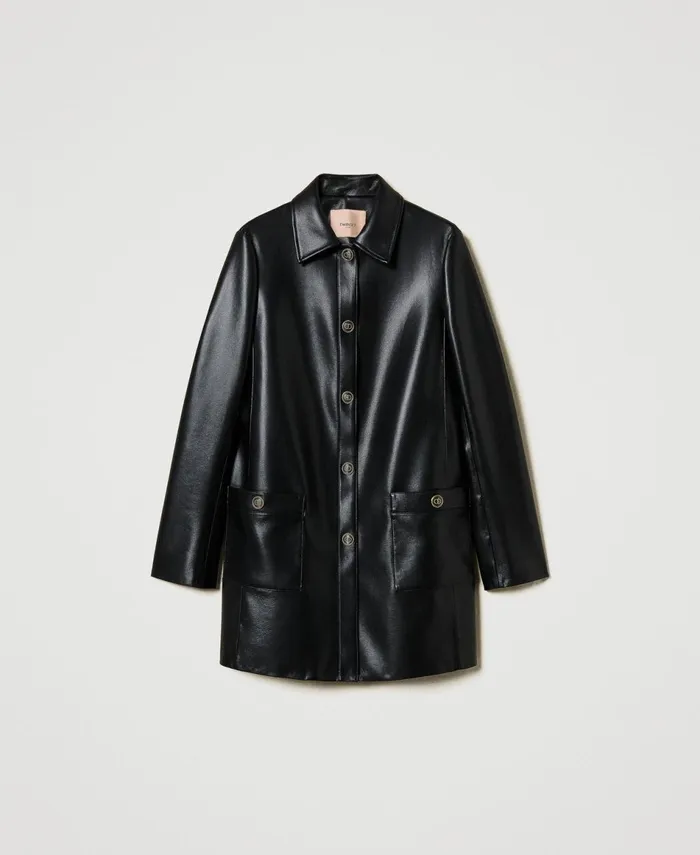 Twinset Faux Nappa Leather Trench Coat With Logo Buttons Black Women Jackets And Outerwear Twinset Faux Nappa Leather Trench Coat With Logo Buttons Black Women Jackets And Outerwear