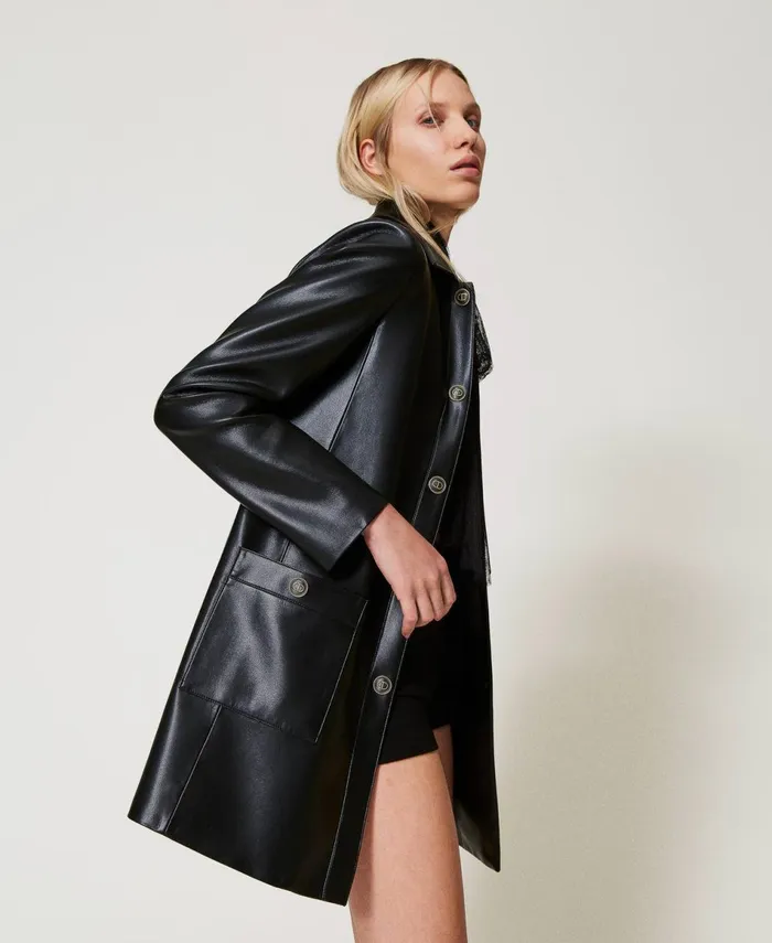 Twinset Faux Nappa Leather Trench Coat With Logo Buttons Black Women Jackets And Outerwear Twinset Faux Nappa Leather Trench Coat With Logo Buttons Black Women Jackets And Outerwear