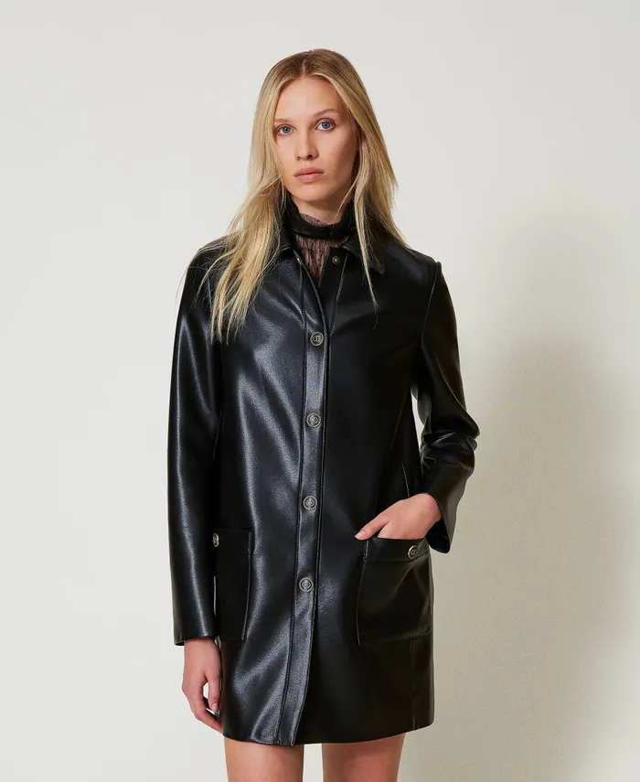 Twinset Faux Nappa Leather Trench Coat With Logo Buttons Black Women Jackets And Outerwear Twinset Faux Nappa Leather Trench Coat With Logo Buttons Black Women Jackets And Outerwear