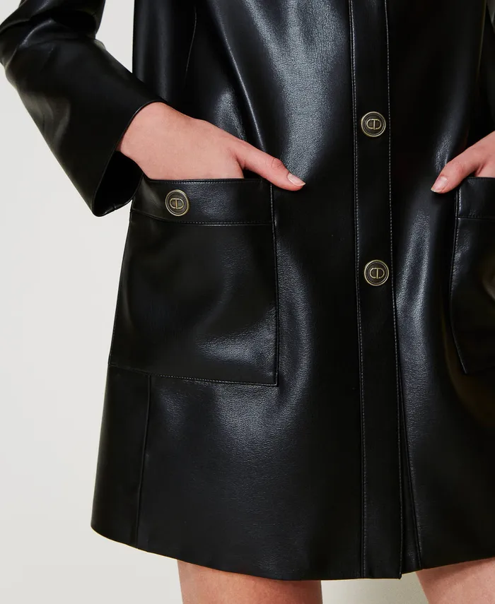 Twinset Faux Nappa Leather Trench Coat With Logo Buttons Black Women Jackets And Outerwear Twinset Faux Nappa Leather Trench Coat With Logo Buttons Black Women Jackets And Outerwear