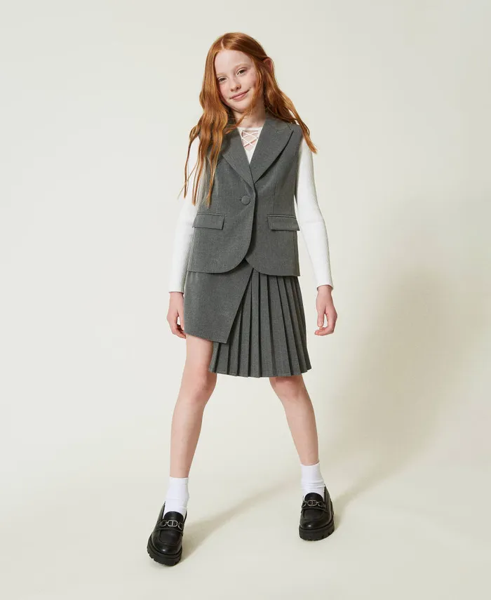 Twinset Flannel SingleBreasted Waistcoat Mid Melange Grey Girl Jackets And Outerwear