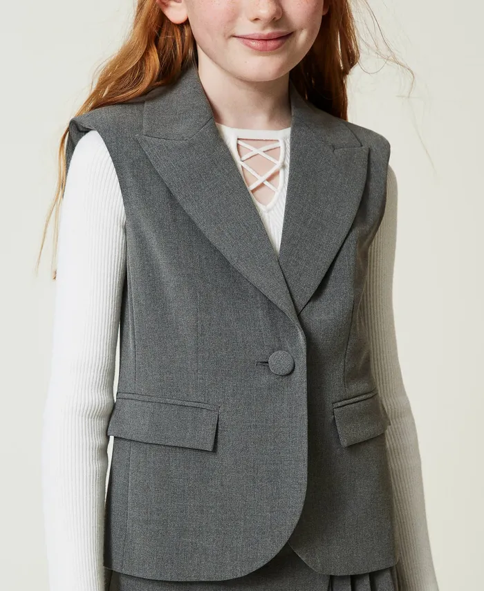 Twinset Flannel SingleBreasted Waistcoat Mid Melange Grey Girl Jackets And Outerwear Twinset Flannel SingleBreasted Waistcoat Mid Melange Grey Girl Jackets And Outerwear
