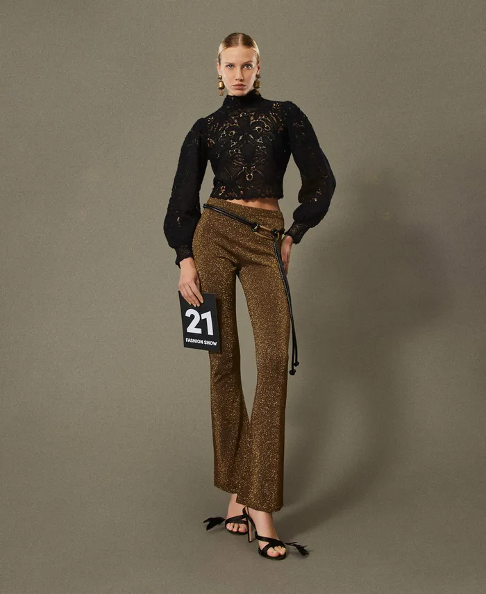 Twinset Flared Knit Trousers With Lurex Twotone Dark Chocolate Dark Gold Women Suits And Sets