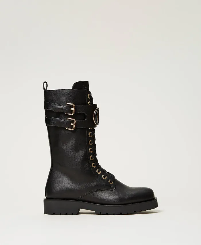 Twinset High Leather Combat Boots With Oval T Black Women Flat Shoes