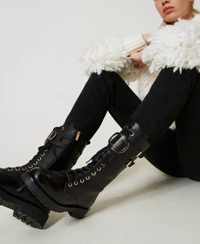 Twinset High Leather Combat Boots With Oval T Black Women Flat Shoes Twinset High Leather Combat Boots With Oval T Black Women Flat Shoes