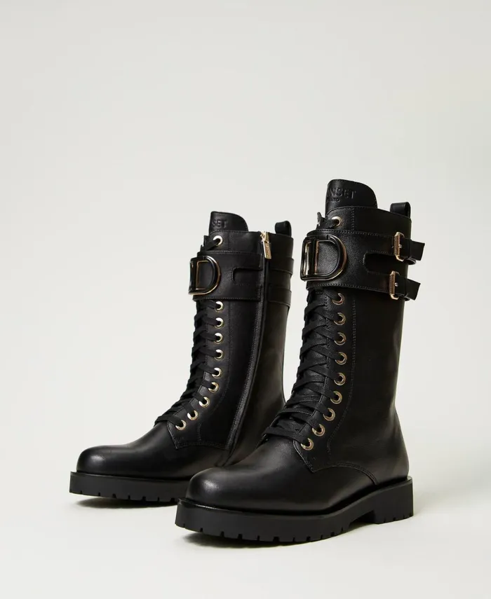 Twinset High Leather Combat Boots With Oval T Black Women Flat Shoes Twinset High Leather Combat Boots With Oval T Black Women Flat Shoes